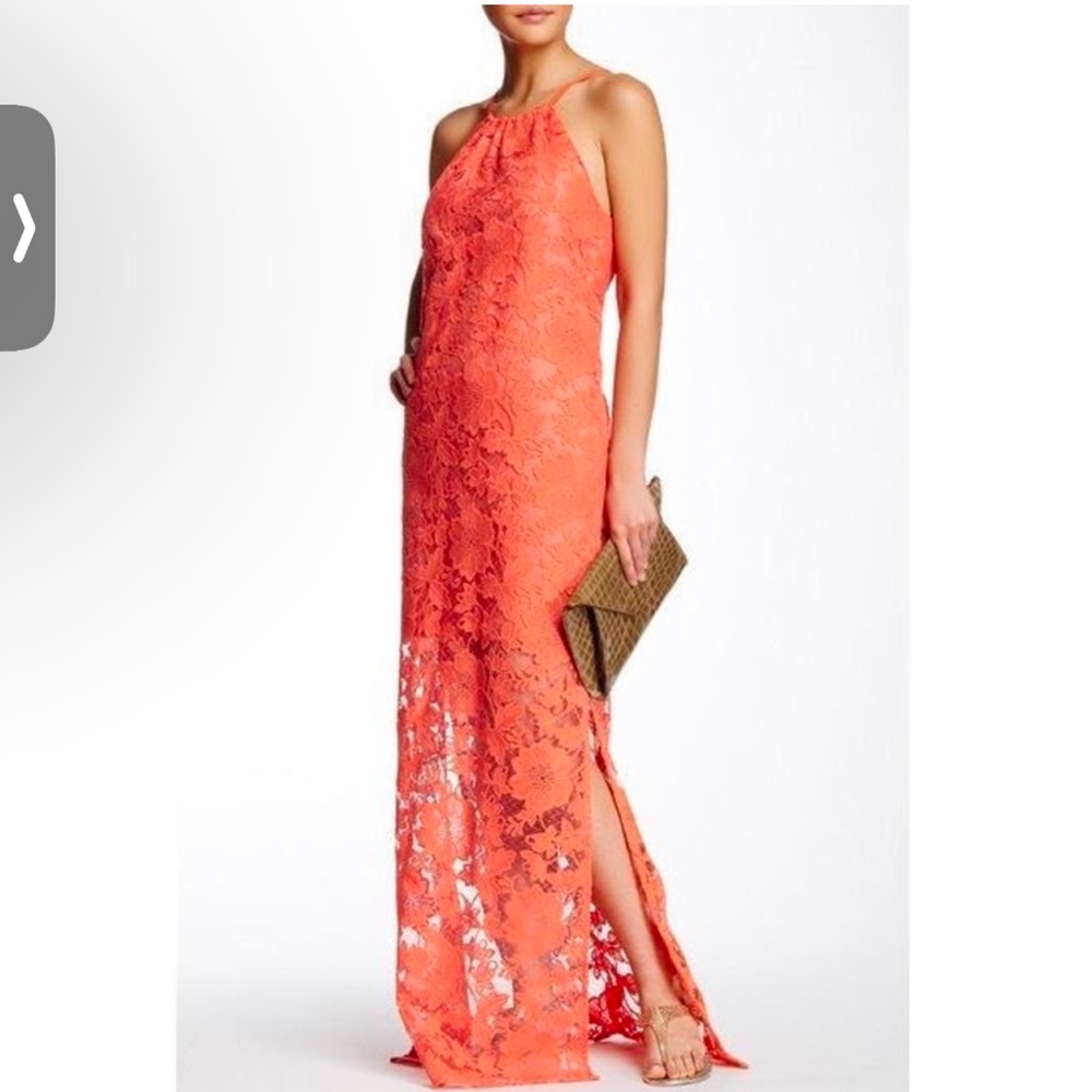 Trina Turk Milian Maxi Coral Embroidered Lace Pennie Halter Long Maxi Dress Larg